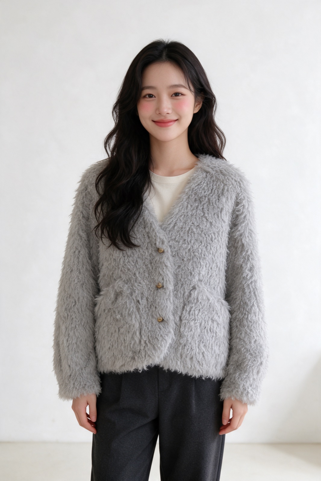 12번 브이넥 골드버튼 퍼 재킷